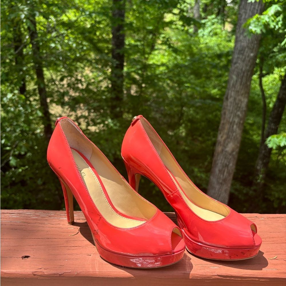 Coral Patent Leather Stiletto Peep Toe Heels by Michael Kors - size 6M
